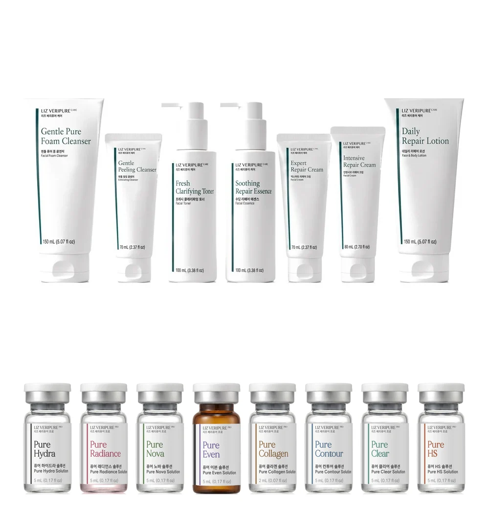 LIZ VERIPURE — full lineup: 8 PRO solutions and 7 CARE products, rendering