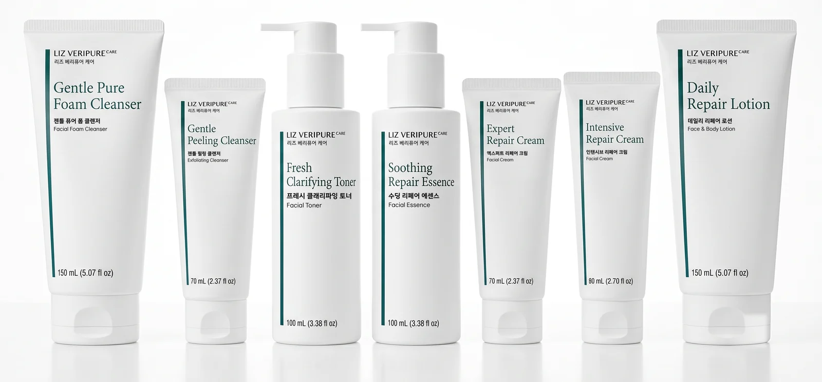 LIZ VERIPURE CARE — seven products at true relative scale, rendering